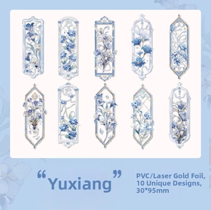 Detail of PVC floral bookmarks featuring embossed gold foil and laser holographic floral patterns