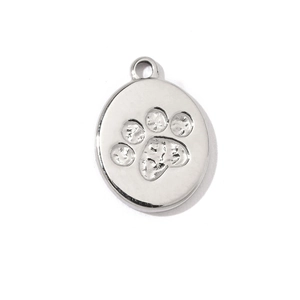 Macro view of silver oval pendant with embossed paw print design in polished steel
