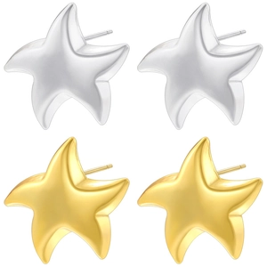 Detailed view of polished 3D star stud earrings in gold and silver plating