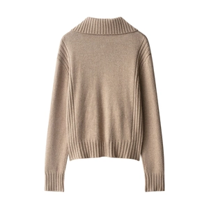 Back view of camel long sleeve knitted cardigan with hood and ribbed texture detail