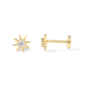 Detailed view of gold starburst earrings with crystals and flat back screw stud design