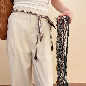 Chaîne De Taille Bohème Ceinture Vintage Corde De Cire Tissée Foulard En Satin Perles De Bois Style Ethnique Accessoire Pour Femmes