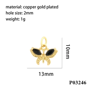 18K gold plated butterfly pendant with black stones for jewelry making, 13mm size
