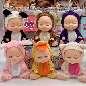 Set of 5-inch mini baby dolls in various animal-themed plush onesies for gift display