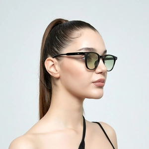 Classic small round rivet sunglasses with black frame and light green ocean lenses