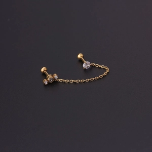 Detail of 16G gold stainless steel chain earrings with double cubic zirconia studs