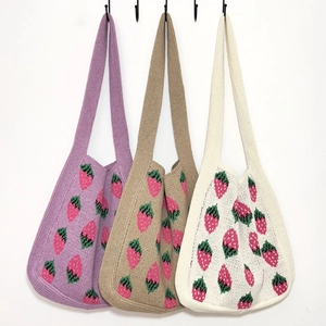 Women Knit Shoulder Bag Polyester Knitted Strawberry Pattern Tote Handbag Casual Woven Crochet Style Travel Shopping