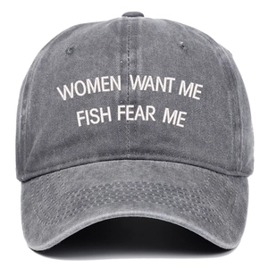 Detail of dark gray washed denim baseball cap with white embroidery FISH FEAR ME