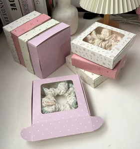 Exquisite gift box with window design featuring pastel scrunchies and cute patterns