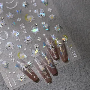 Detailed view of 5D embossed butterfly and floral nail stickers with holographic effect