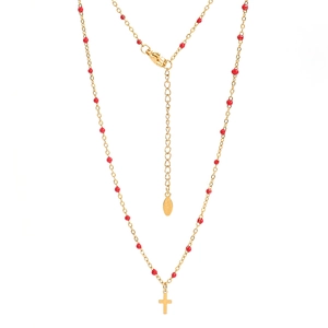 Detailed close-up of gold stainless steel cross necklace with red enamel beads and lobster clasp