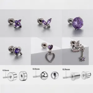 Titanium Steel Purple Cubic Zirconia Ear Studs Butterfly Heart Screw Back Cartilage Earrings Dainty Jewelry For Women