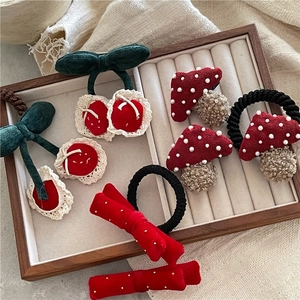Cute Hair Clips And Hair Ties Velvet Knit Mushroom Cherry Bow Hairpins For Women Girls Sweet Korean Style Accessories