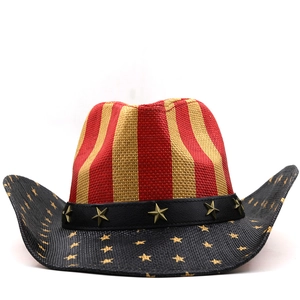 Detail of star rivets on the American flag pattern straw cowboy hat with rustic textures