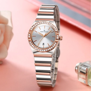Elegant women's quartz watch with two-tone steel band and crystal bezel in a luxury setting