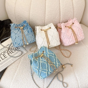 Women Denim Bucket Bag Frayed Rhombic Pattern Drawstring Handbag With Gold Chain Strap And Artificial Pearl Decor Crossbody Purse