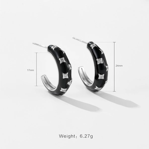 Classic black enamel C-shape hoop earrings with silver star pattern and measurements