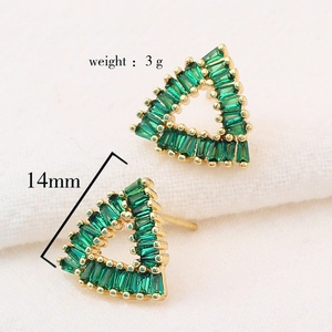 Triangle gold earrings with emerald green zircon stones measuring 14mm and weighing 3g