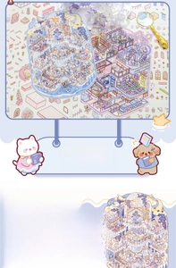 Detail of 3D layered animal-themed decorative PET stickers with cat and dog illustrations