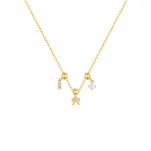 Adjustable bow pearl necklace with cubic zirconia pendant in gold finish for women