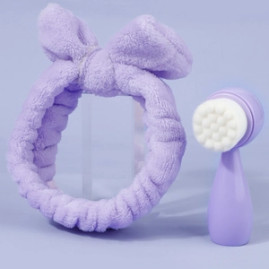 Purple microfiber bow headband with manual silicone facial cleansing brush set
