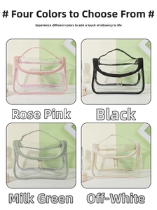 Detailed grid view of waterproof transparent PVC makeup bags in four versatile colors