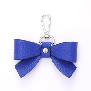 Elegant blue leather bow keychain with silver metal hook for women handbag accessory