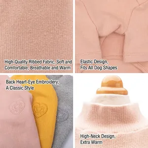 High-elastic turtleneck dog sweater with heart embroidery and warm ribbed fabric