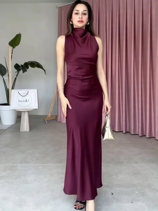 Elegant Satin Maxi Dress Sleeveless High Neck Cowl Neck Bodycon Slim Fit Solid Color For Women Evening Party Banquet