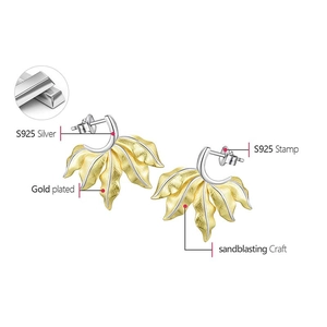 Dettaglio dell'orecchino foglia di ginkgo in argento S925 con placcatura oro e sabbiatura