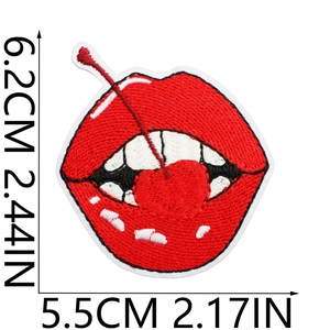 Red lips biting cherry embroidered patch for clothing with detailed dimensions