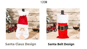 Detail of Christmas wine bottle covers featuring Santa Claus and belt designs in 12cm width