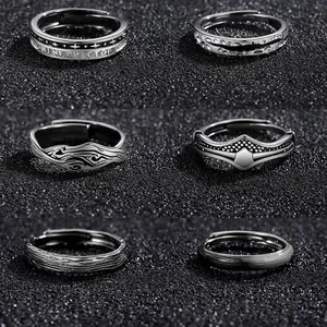 Vintage Mens Open Adjustable Ring Copper Hip Hop Punk Textured Star Shield Pattern Retro Jewelry Accessory