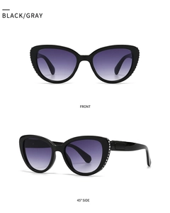Front and 45-degree side views of black cat-eye sunglasses with rhinestone decorations