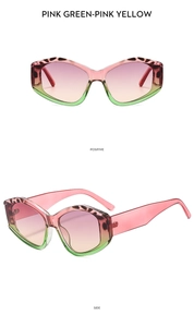 Detailed front and side view of cat-eye sunglasses with leopard accents and gradient lens