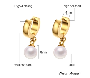 Detailed specs of IP gold-plated stainless steel knot earrings with 8mm pearl charms