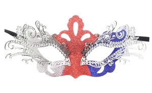 Detail of masquerade mask featuring red white and blue glitter with rhinestone accents