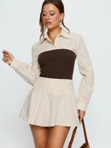 Elegant beige striped long sleeve shirt dress with a brown corset bustier two-piece set
