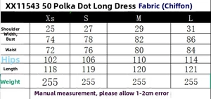 Tabella taglie dettagliata per l'abito lungo in chiffon a pois con misure espresse in cm