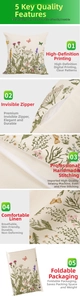 Detailed close-up of linen pillowcase fabric with floral print and hidden zipper