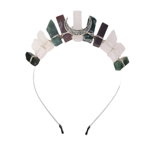 Handmade silver wire crown headband with raw crystals and crescent moon pendant