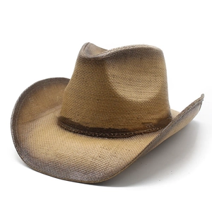 Detail of hand-painted straw cowboy hat showing texture and vintage ombre brim
