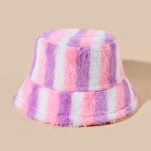 Detailed view of colorful plush bucket hat with rainbow striped faux fur texture