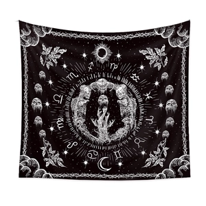 Black and white skull tapestry with astrology symbols zodiac signs sun and moon decor