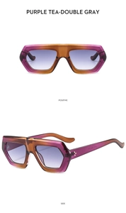 Detailed view of oversized geometric purple gradient sunglasses with rivet accents