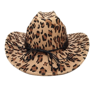 Classic western cowboy hat featuring bold leopard print and black decorative strap