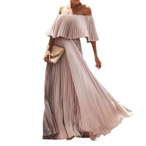 Detail of dusty pink off-shoulder chiffon maxi dress with elegant pleated texture