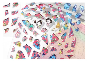 Macro shot of 2.5D PET puzzle stickers with vintage patterns and cute cartoon characters
