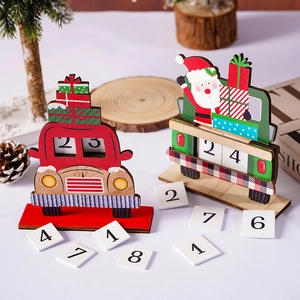 Wooden Christmas countdown calendar car with Santa and gifts on festive background