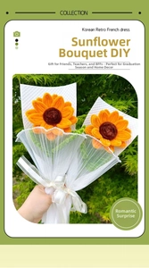 Handcrafted crochet sunflower bouquet with yellow petals and white mesh wrapping detail